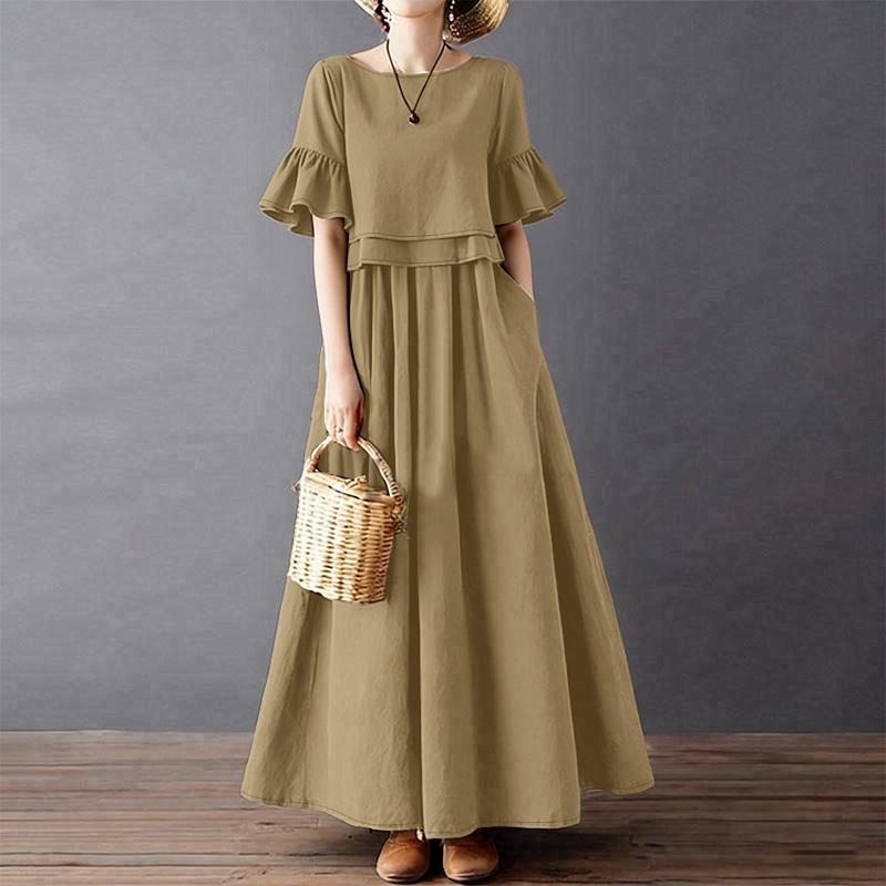 ZANZEA Women Elegant Round Neck Loose Casual Half Sleeve Dress