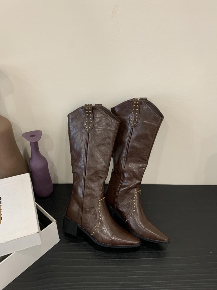 

V-Rivet Pointed Western Cowboy Boots But Knee Boots High Heel Boots Women s Tall Knight Boots 40 темно-коричневого