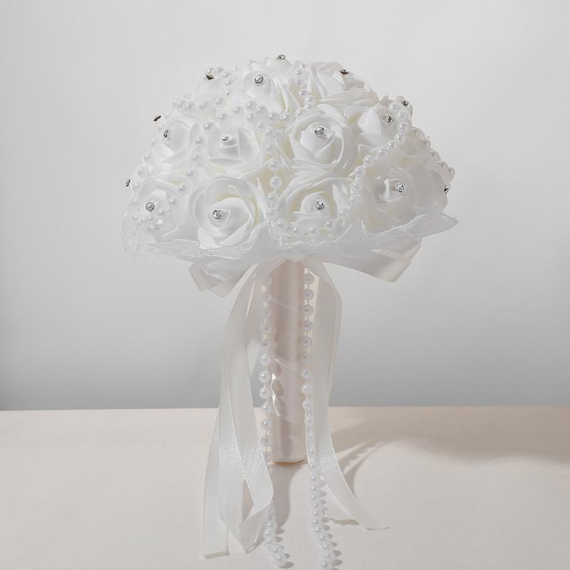 Elegant Pearls Ribbon Bridal Flower Bouquet with Rhinstones Studs for Bride and Bridesmaid Special Occasion Photo Props