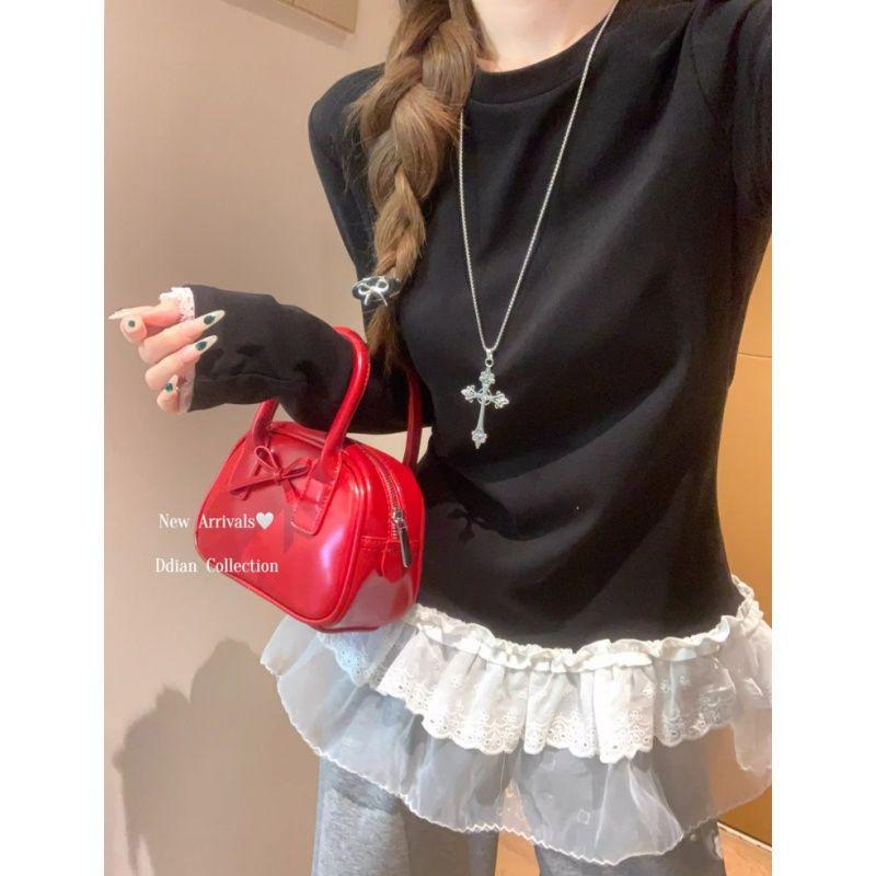 270g German Velvet Lace Patchwork Ballet Style Long Sleeve T-shirt for Women - Autumn Winter Slimming Top S