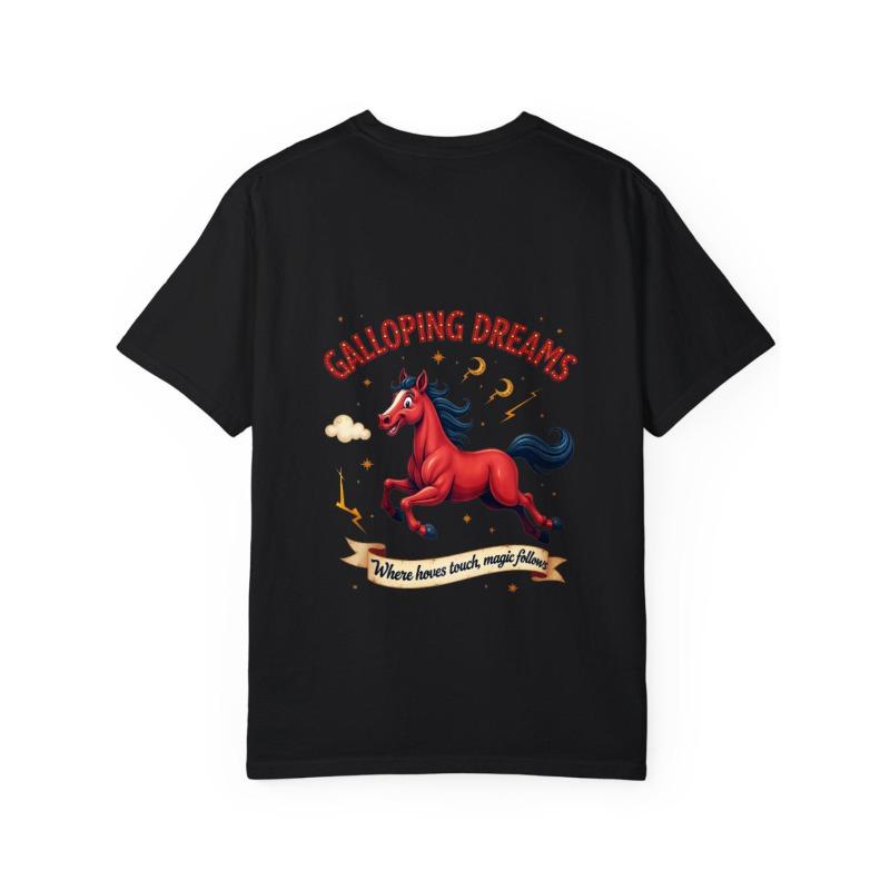 White T-Shirt Galloping Dreams Red Horse Magic Print for Casual Wear and Fantasy Lovers