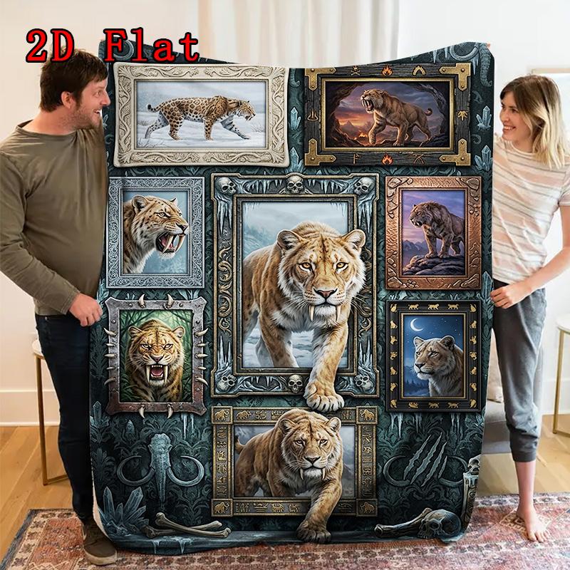 Prehistoric Feline Evolution 2D Flat Pattern Flannel Blanket, High Quality All Seasons, Home Decor, Warmth and Comfort, Perfect for Christmas Gifts.