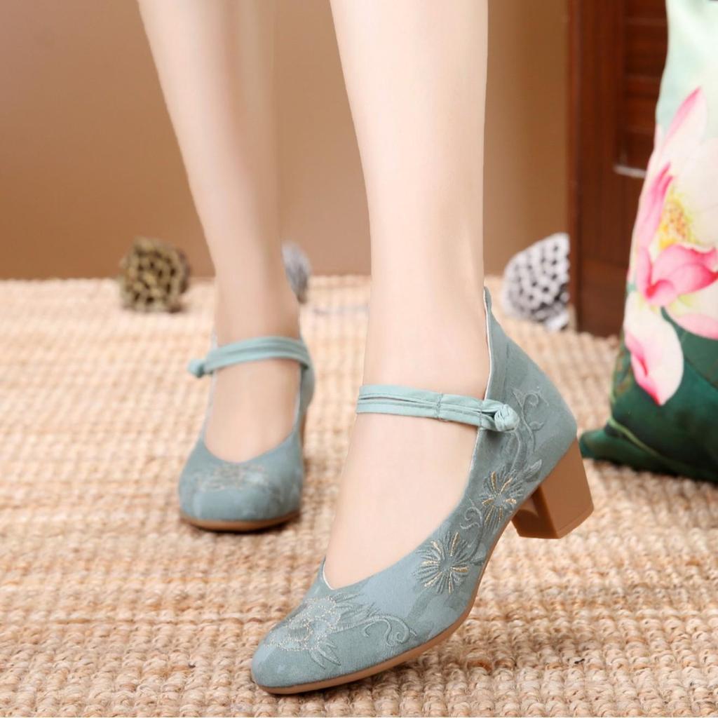 Litaixin Damen Bestickte Klobige Absätze Ethnisch Retro Hanfu Stoffschuhe