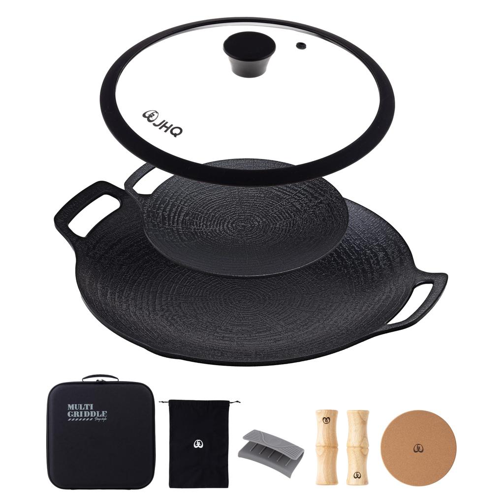 JHQ Deep Flat Set of 2 Storage Wooden Storage Gray Authentic Suitable for Bonfires and Open No Seasoning Outdoor BBQ Multi-Griddle, 29cm, 19cm, (Hard