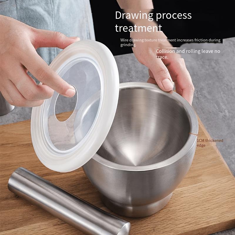3 Pc 304 Stainless Steel Garlic Press Mortar with Lid Manual Grinder for Home Garlic Paste and Medicine Grinding