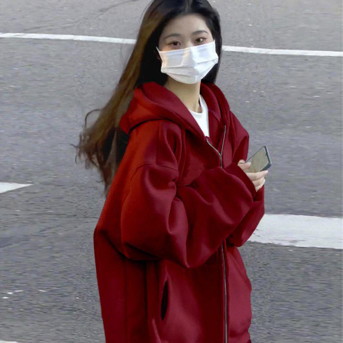 Damen Lammwolle Kapuzenpullover - Super Warm Koreanischer Stil, Locker geschnitten, Plus Samt, Frühling/Herbst Strickjacke