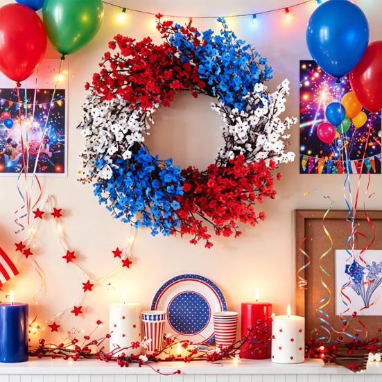 Yousheng 4th of July Artificial Flowers Topiary Ball Tree with Ground Stake Red White Blue Patriotic Fake Flower Plant Shrubs for Independence Day