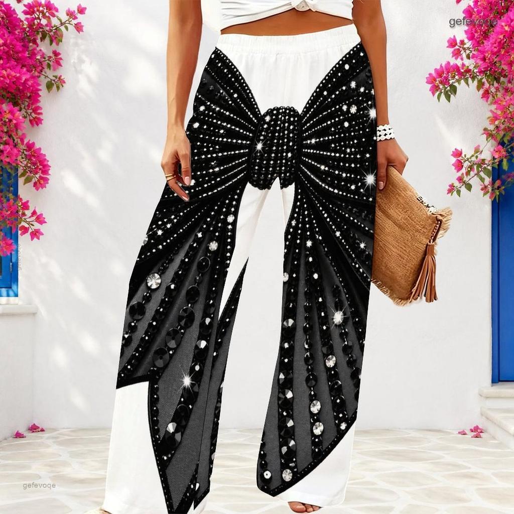 Women Plus Size Black Gold Green Swirl Printed Wide Leg Full Length Loose Pants