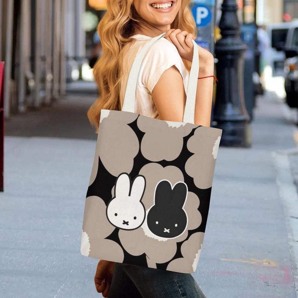Miffy Tote Bag A4 Canvas Bag Shopping Bag Shoulder Bag Carrying Bag Large Capacity Canvas Convenience Store Bag with Pocket for Commuting to Work or
