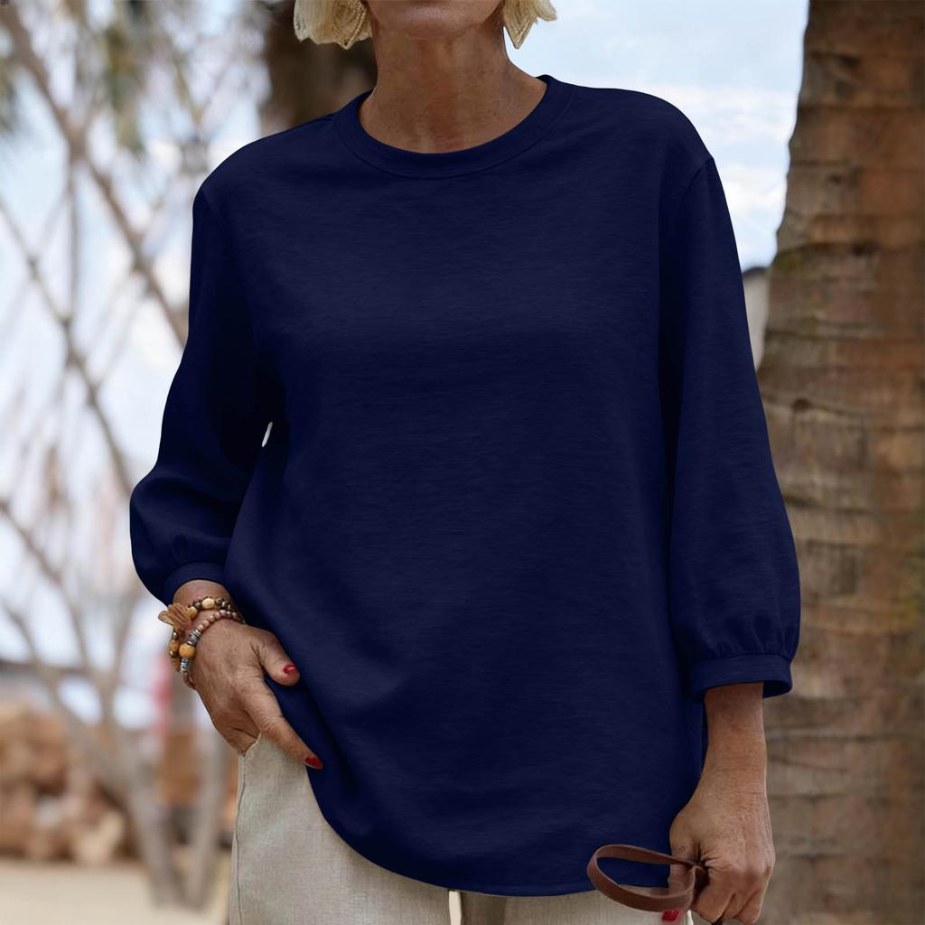 Women Loose Fit Crew Neck Three Quarter Sleeve Casual Solid Pullover Top Comfortable Relaxed Basic T Shirt Blouse