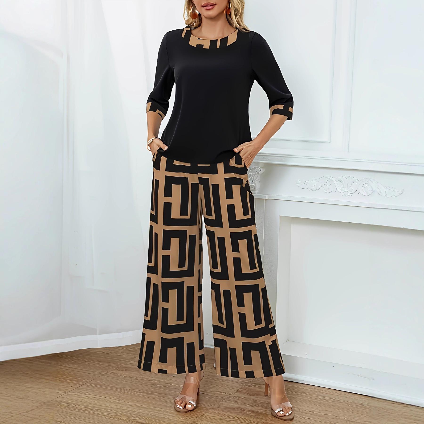 

Топ с геометрическим узором в виде лабиринта, колор-блокинг, модный и удобный, комплект с широкими брюками, длинные брюки для женщин XXL жёлтый