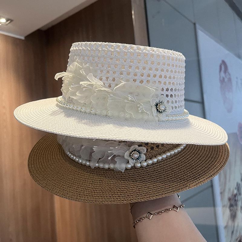 Flat top straw hat female pearl summer travel sun hat vacation beach hat versatile face hat