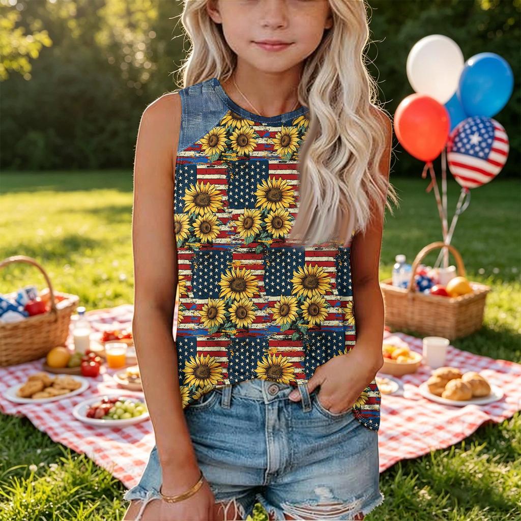 Sleeveless Loose Fit Tank Top for Women Round Neck Denim Print Star Pattern Casual Summer Shirt
