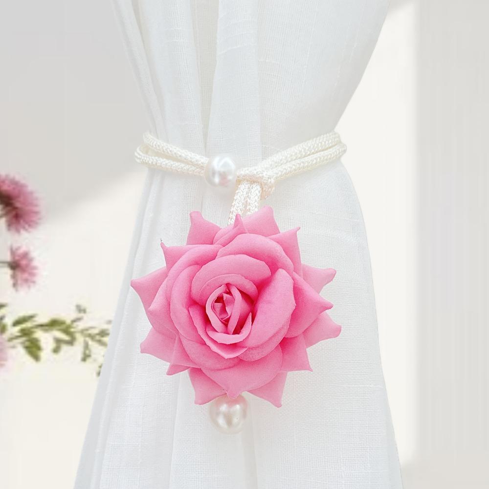 2Pcs Romantic Rose Curtain Strap Gauze Curtain Strap Simulation Rose Valentine's Day Decorative Curtain Strap