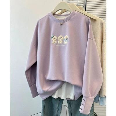 Süßes bedrucktes Welpen-Stickerei-Sweatshirt Herbst und Winter High-End Nische Westlicher Stil Lockeres Samt-Oberteil Pullover