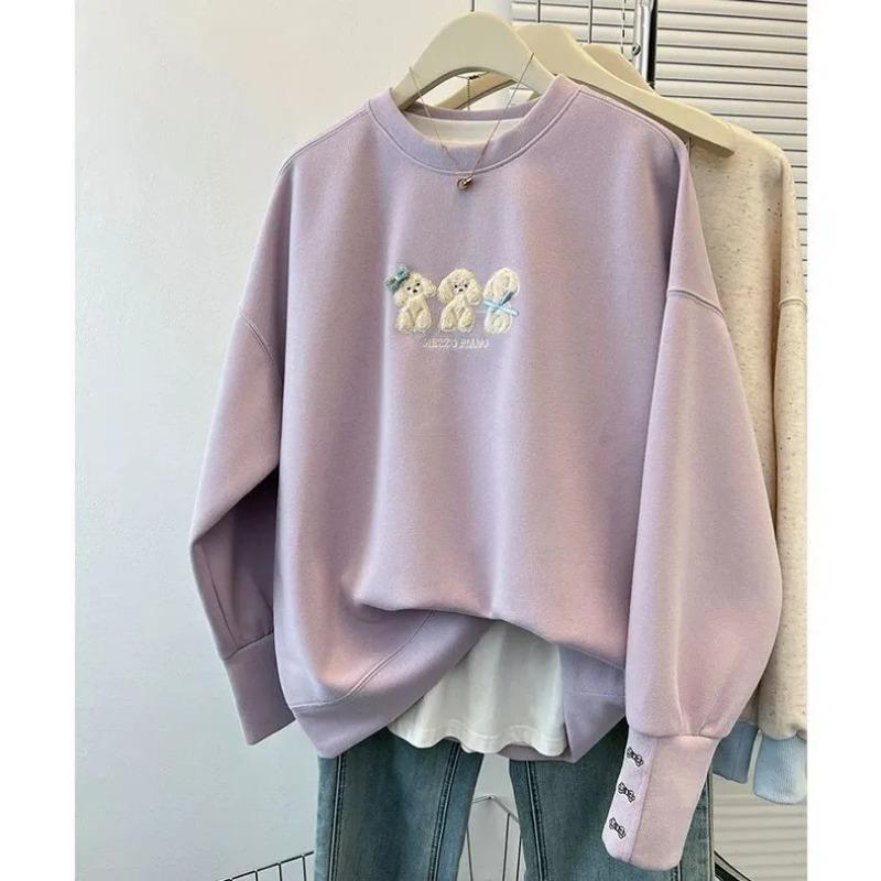 Bluză de trening cu imprimeu cățeluș drăguț și broderie Toamnă și Iarnă Stil Occidental de Nișă High-end Top Pulover Larg din Catifea