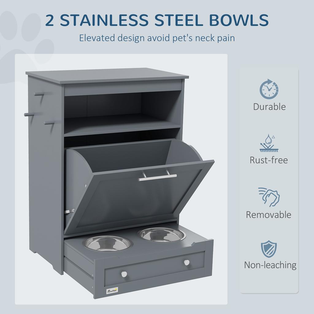 Pet Feeder Station, Dog, Cat Storage Container, with Raised Bowls, Hanger, Cabinet - Grey