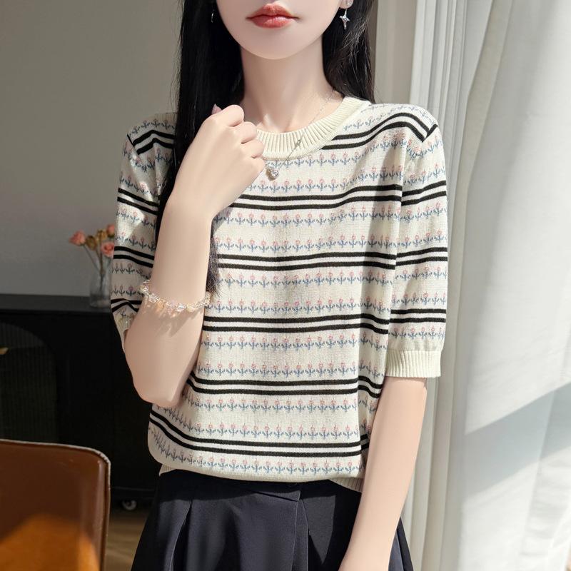 French Contrasting Flower Stripe Crew Neck Short Sleeve T-Shirt Women's Thin Loose Lyocell Tencel Knitted Sweater Top