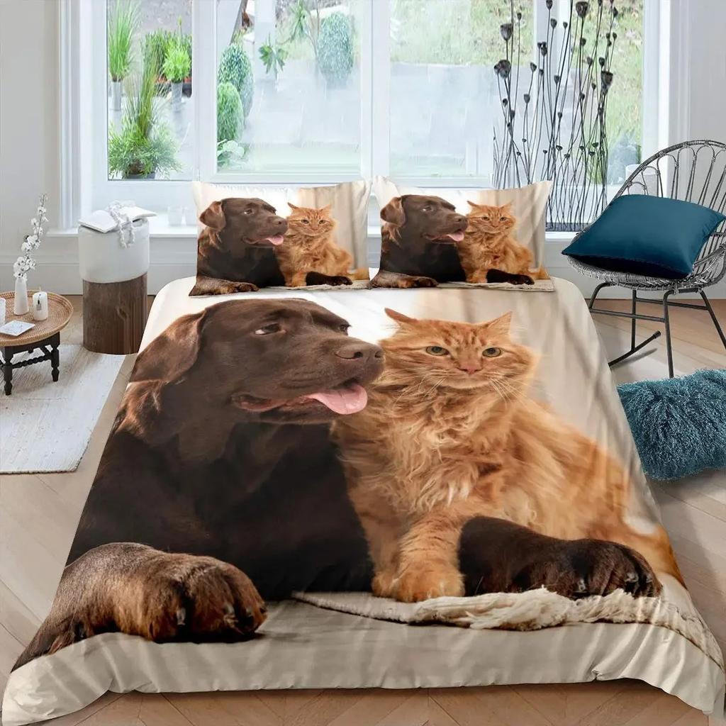 Cute Cat Dog Duvet Cover Set Pug Bedding Set Kawaii Puppy Animal Comforter Cover Valentine's Day Love Heart Wedding Quilt Covers