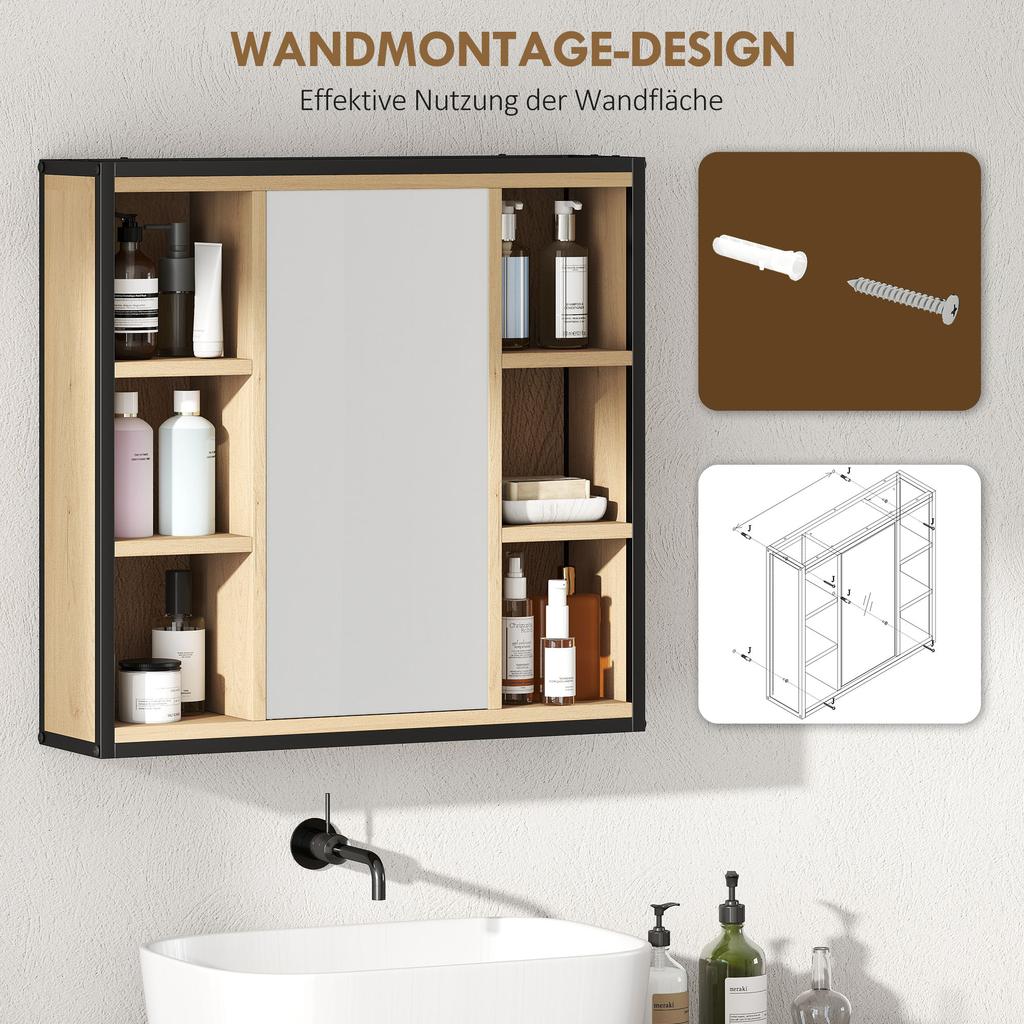 Badezimmerspiegel-Schrank, 6 offene Fächer, 3-stufiges Regal, Wandmontage, Eiche