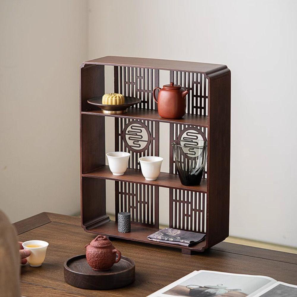 Window Lattice Chinese Walnut Display Shelf Walnut Wood Tea Organizer Living Room