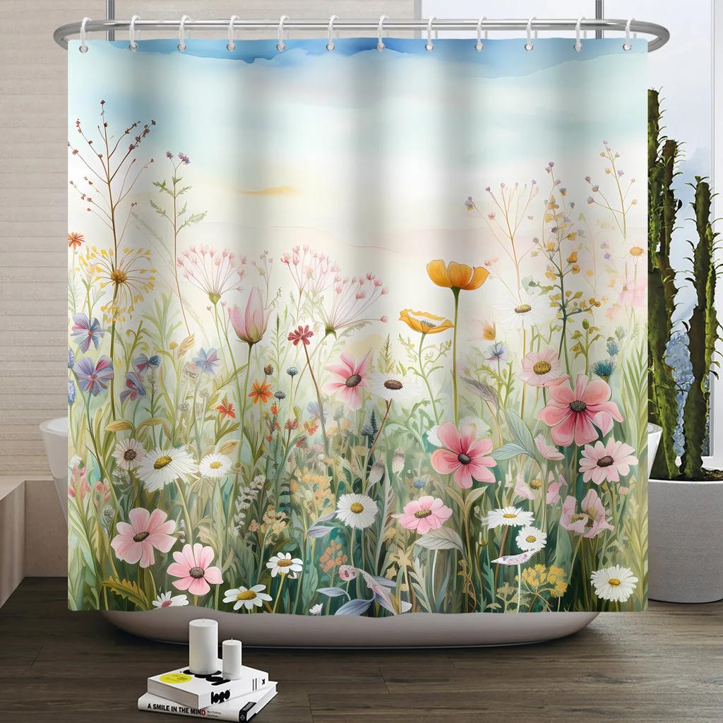 Watercolor Floral Shower Curtain for Bathroom Spring Elegant Flower Printed Bath Curtain Botanical Wildflower Bathroom Decor