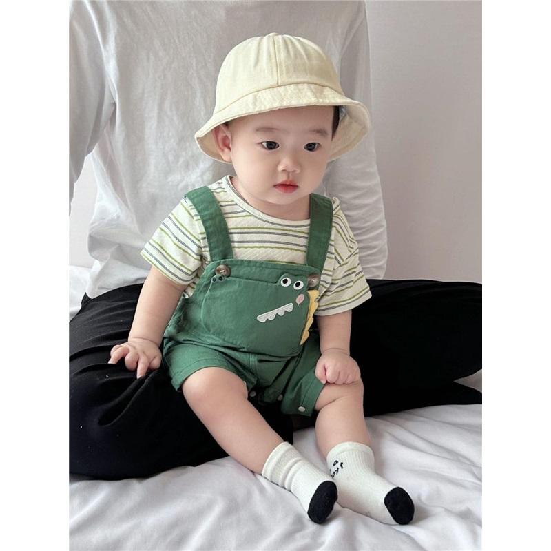 Cute  Dinosaur Baby Romper Set With Hat  Socks - Summer Striped T-shirt  Overalls For Infants