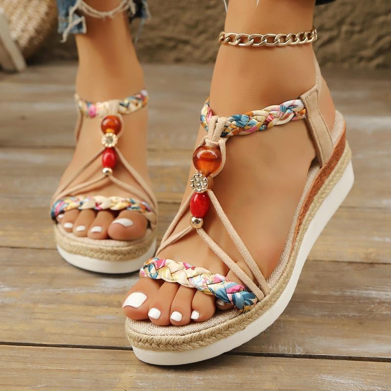 Women's Wide Width Ethnic Sandals, Rhinestone Beaded Wedge Heels, Handwoven Rope Platform Shoes for Women