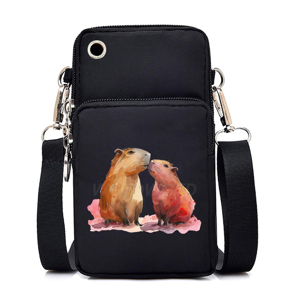 Multifunctional vertical black shoulder bag printed cartoon casual men's and women's portable mobile phone bag messenger bag