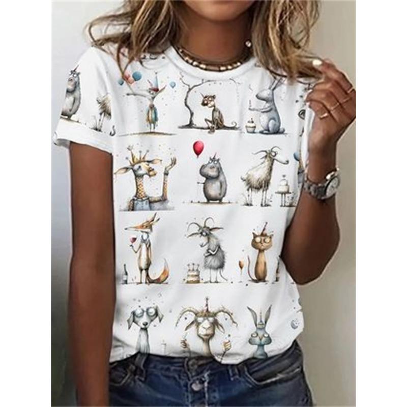 2025 Cartoon Katze Damen T-Shirts Mode Top T-Shirt 3D T-Shirt Harajuku Lässig Kurzarm O-Ausschnitt Übergroße Damenbekleidung
