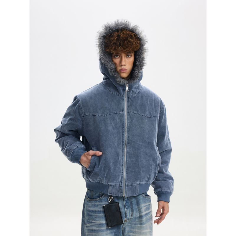 Cabbage Coke American Retro Style Mountain Carving Fur Collar Short Cotton Jacket Winter Distressed Hooded Padded Coat for Men and Women
