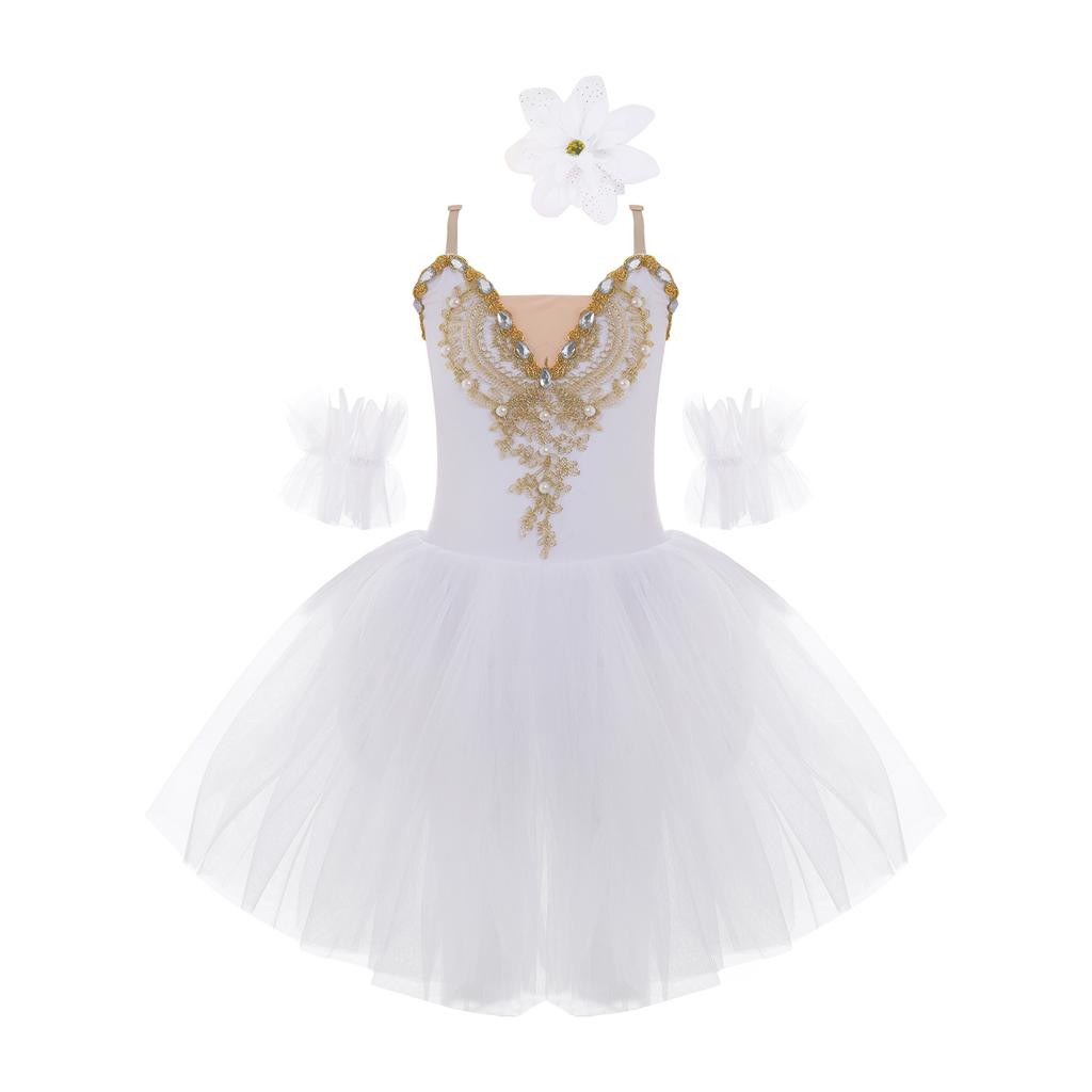 Girls Ballet Dance Dress, Sleeveless Tutu with Spaghetti Straps, Rhinestone & Lace Decor, Mesh Skirt + Headdress & Ruffle Band