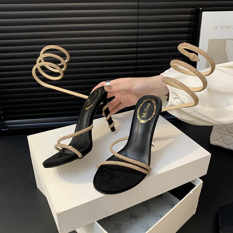 Sandals SummerSocialiteDiamond Thin Belt Snake Wrap Foot FashionHigh Heel Thin Heel Round Toe Open Toe Women's