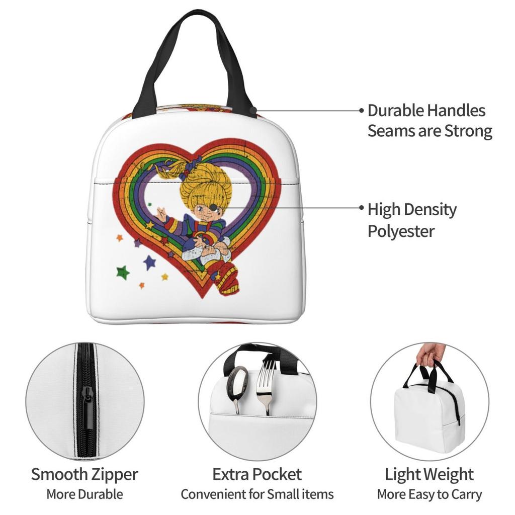 Bolsa de almuerzo aislada Rainbow Brite con corazón de arcoíris para mujeres Niños Cajas de comida portátiles Fiambrera térmica Bolso Tote