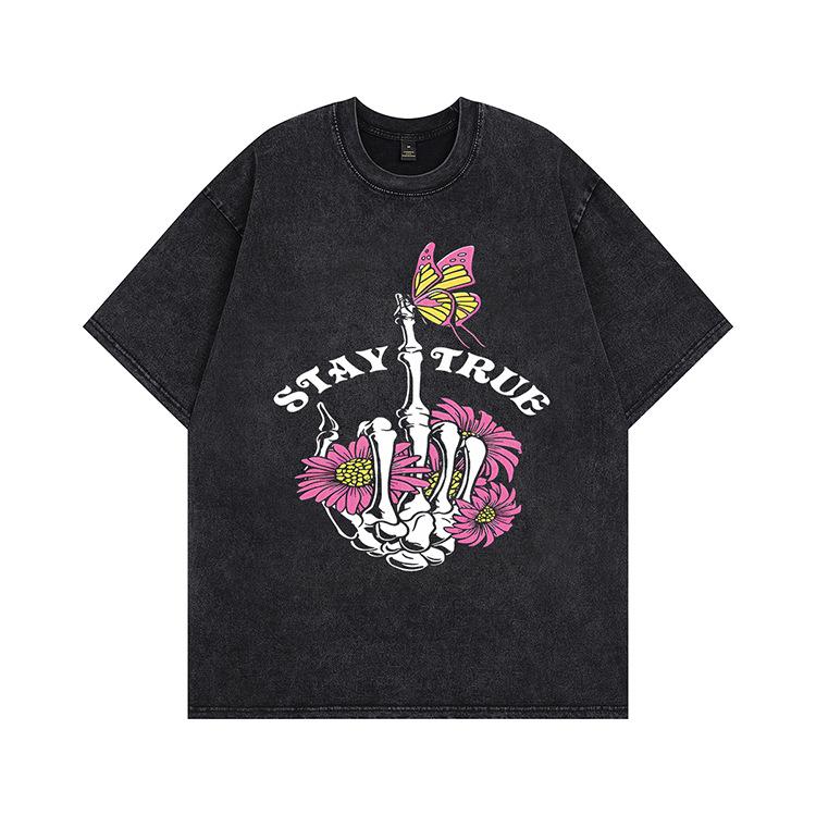 New loose trendy brand American retro high street short-sleeved heavy vintage washed old couple half-sleeved t-shirt