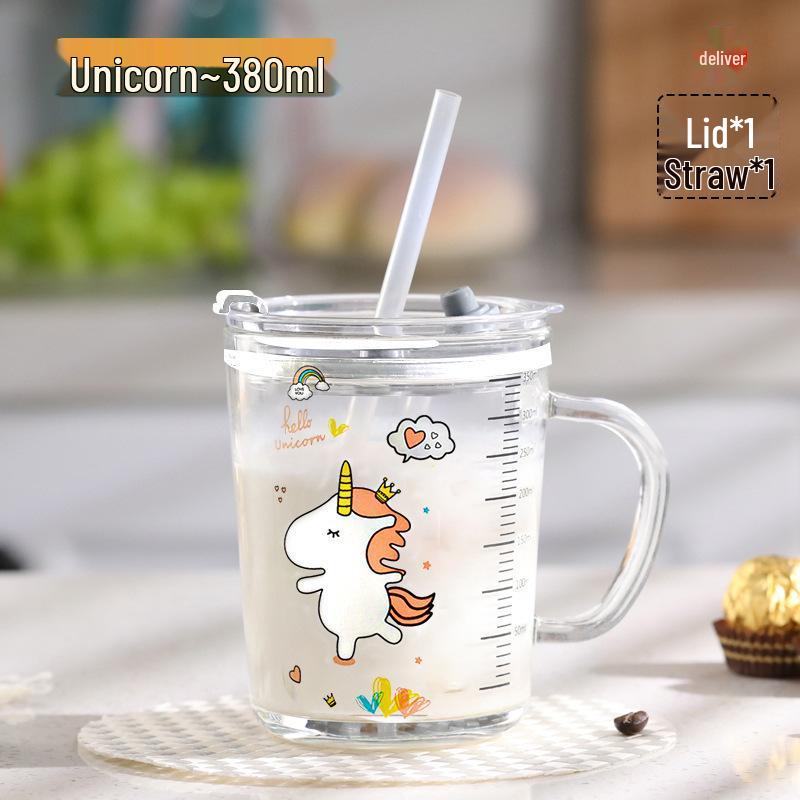 Cartoon Handle Straw Cup: Heat-Resistant Glass with Printed Logo and Measurement Scale, Perfect for Milk and Breakfast