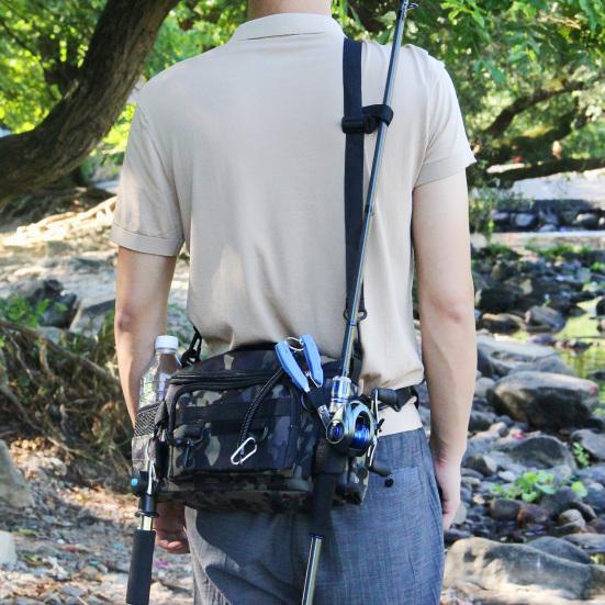 

Waist Bag Fishing Gear Organizer Large Capacity Double-Layer Design Waterproof Crossbody Chest Bag with Fishing Pole Holder A