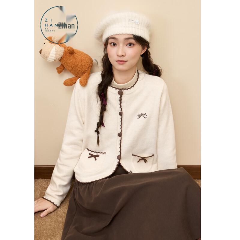 ZIHAN Women's Contrast Trim Embroidered Bow Cardigan