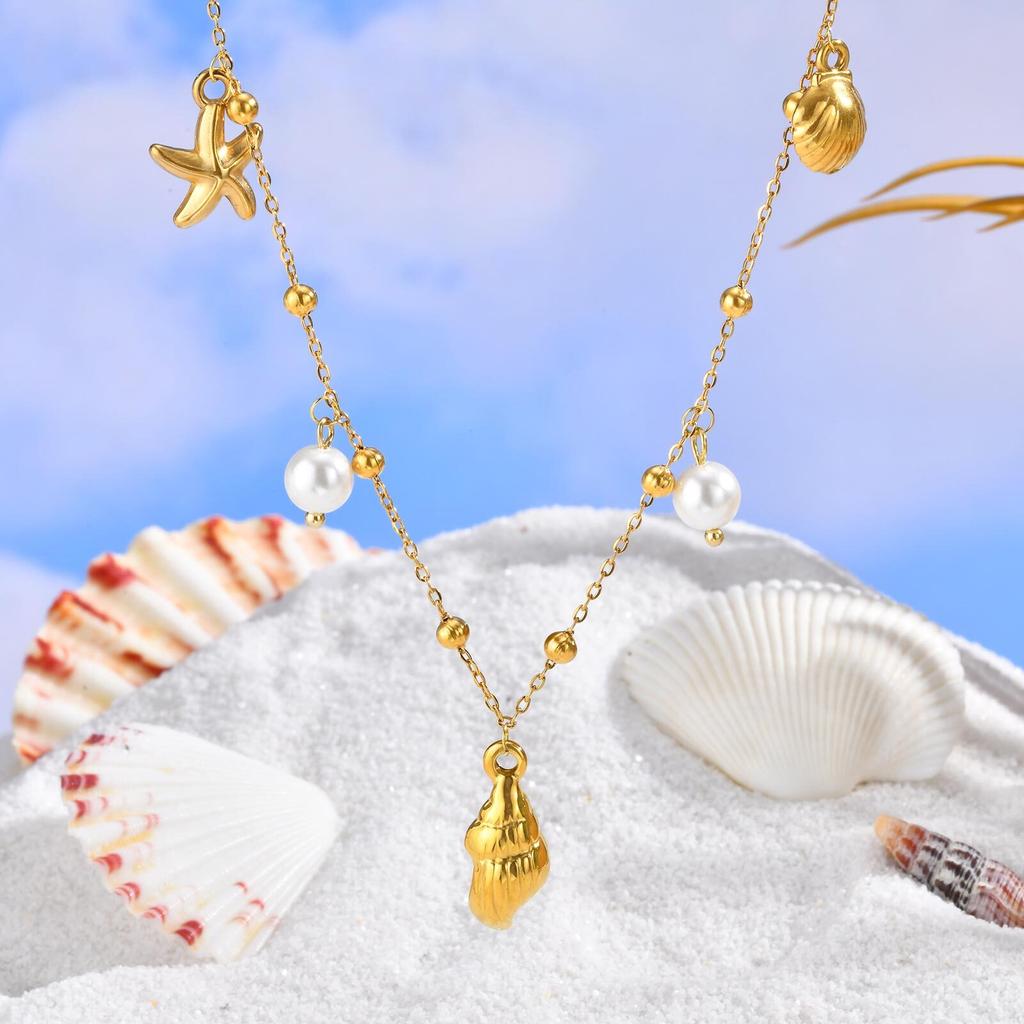 Bohemian Starfish Shell Conch Pearl Pendant Necklace for Women, Charms Summer Beach Jewelry Vacation Gift