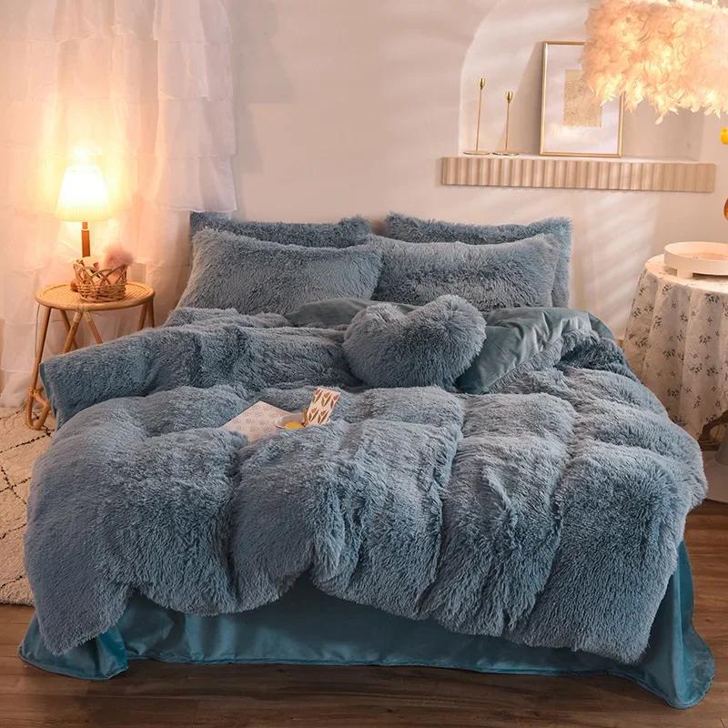 3/4PCS Winter Warm Plush Duvet Cover Pink Mink Velve+fluffy Flannel Quilt Cover Queen King Size Luxury Double Bed Bedding Set