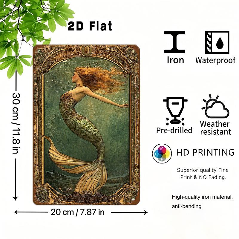 

D Flat Vintage Mermaid Art Metal Sign x Retro Ocean Theme Iron Plaque Marine Wall Decor for Home Beach Cafe Bar 20x30cm（7.8x11.8inch）