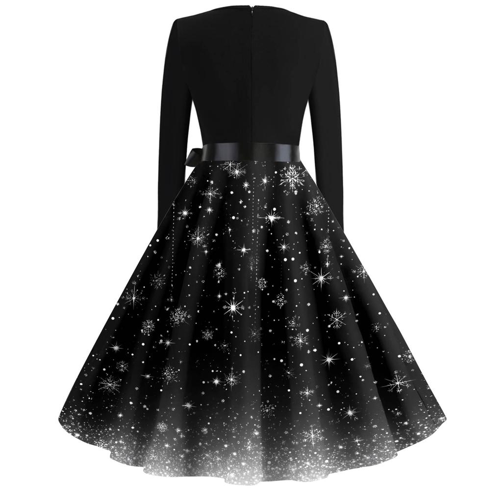 Women's Fashion V-Neck Relaxed-Fit Christmas Print Long-Sleeved Dress