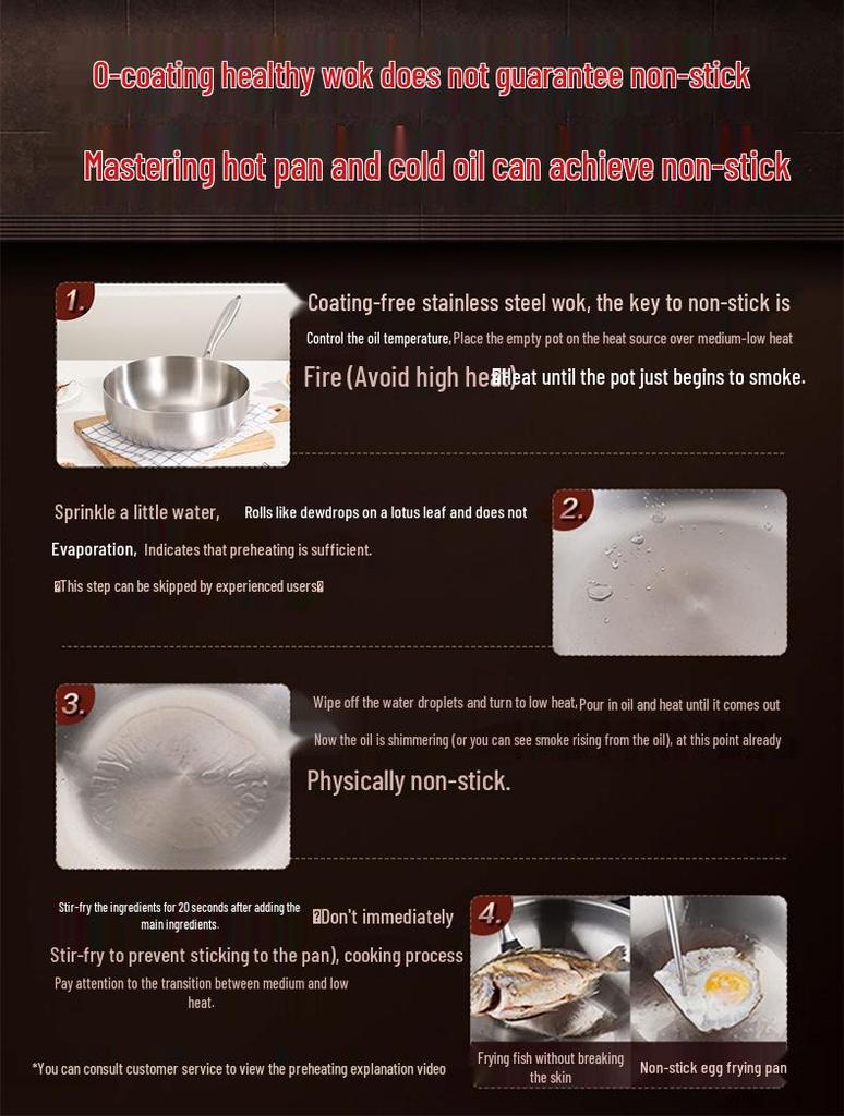 316 Stainless Steel Non-Stick Wok, Flat Bottom, Induction Compatible, Deepened Stir-Fry Pan