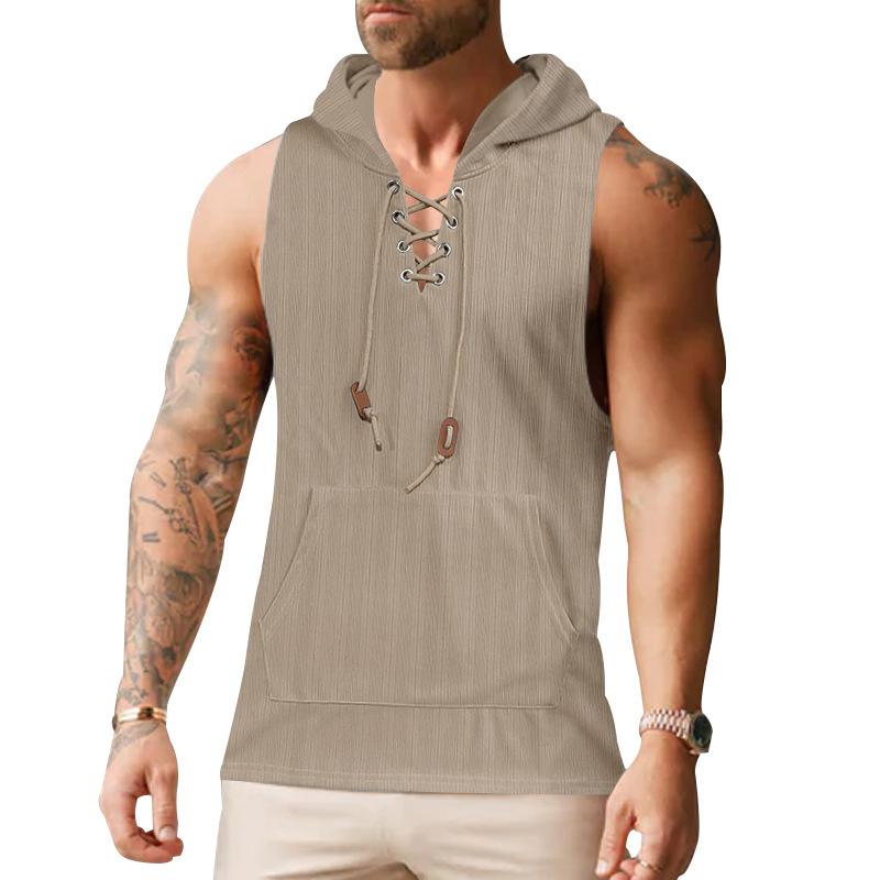 New Plus-size Waistcoat Summer Thin Men's Casual Hooded Solid Color Lace-up Vest Sleeveless