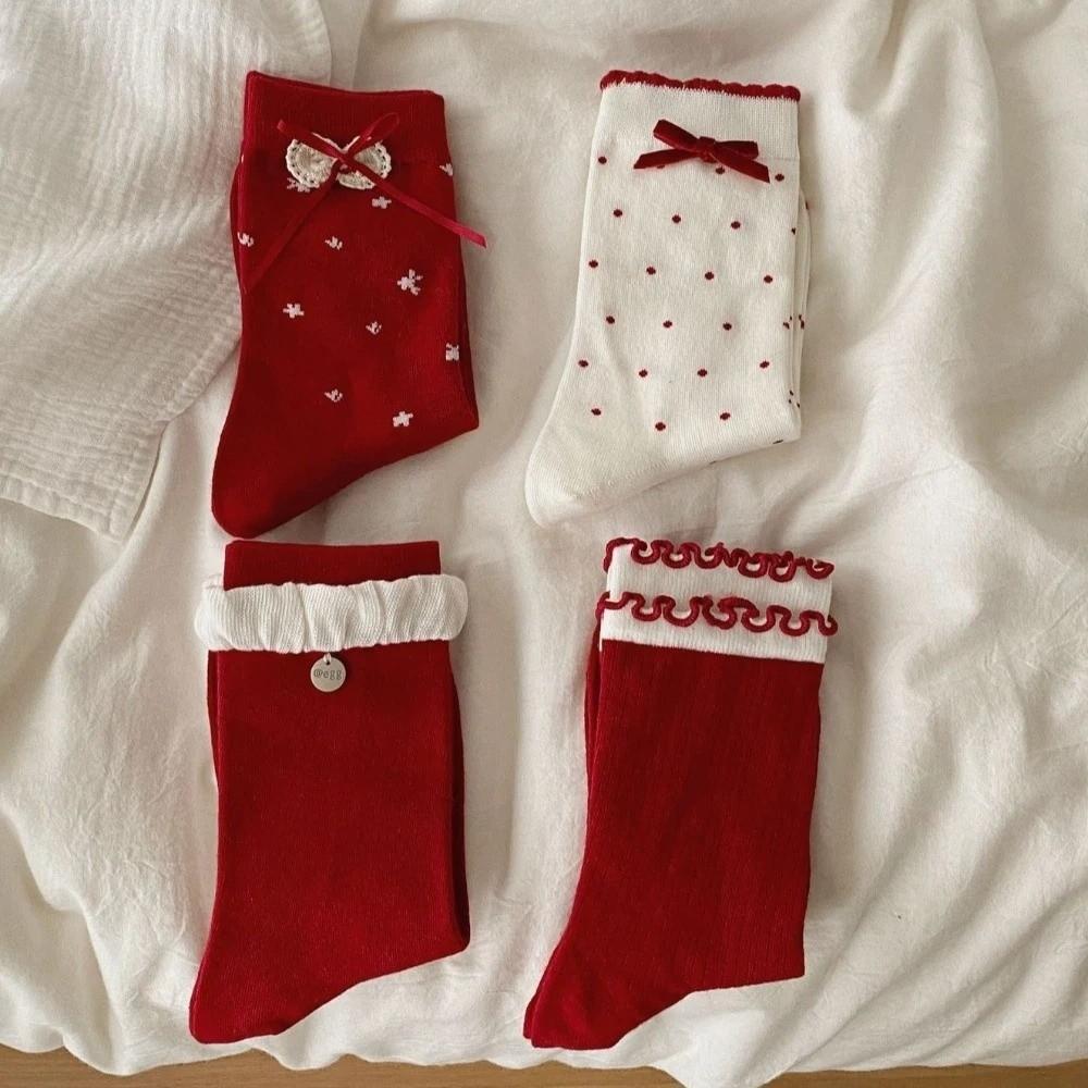 Double Layer Bow Socks Red Color Stacking Socks Trendy Mid Tube Socks  Holiday