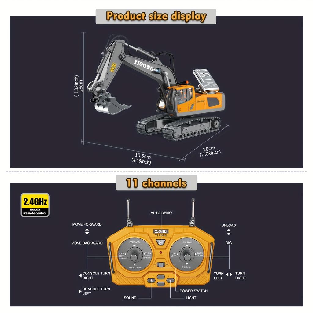Remote Control Excavator Toy, Construction Toy with Metal Shovel, Light, Various Analog Sound Effects, 2.4GHz 680 Degree Rotation, 1:18 Car Toy Gift