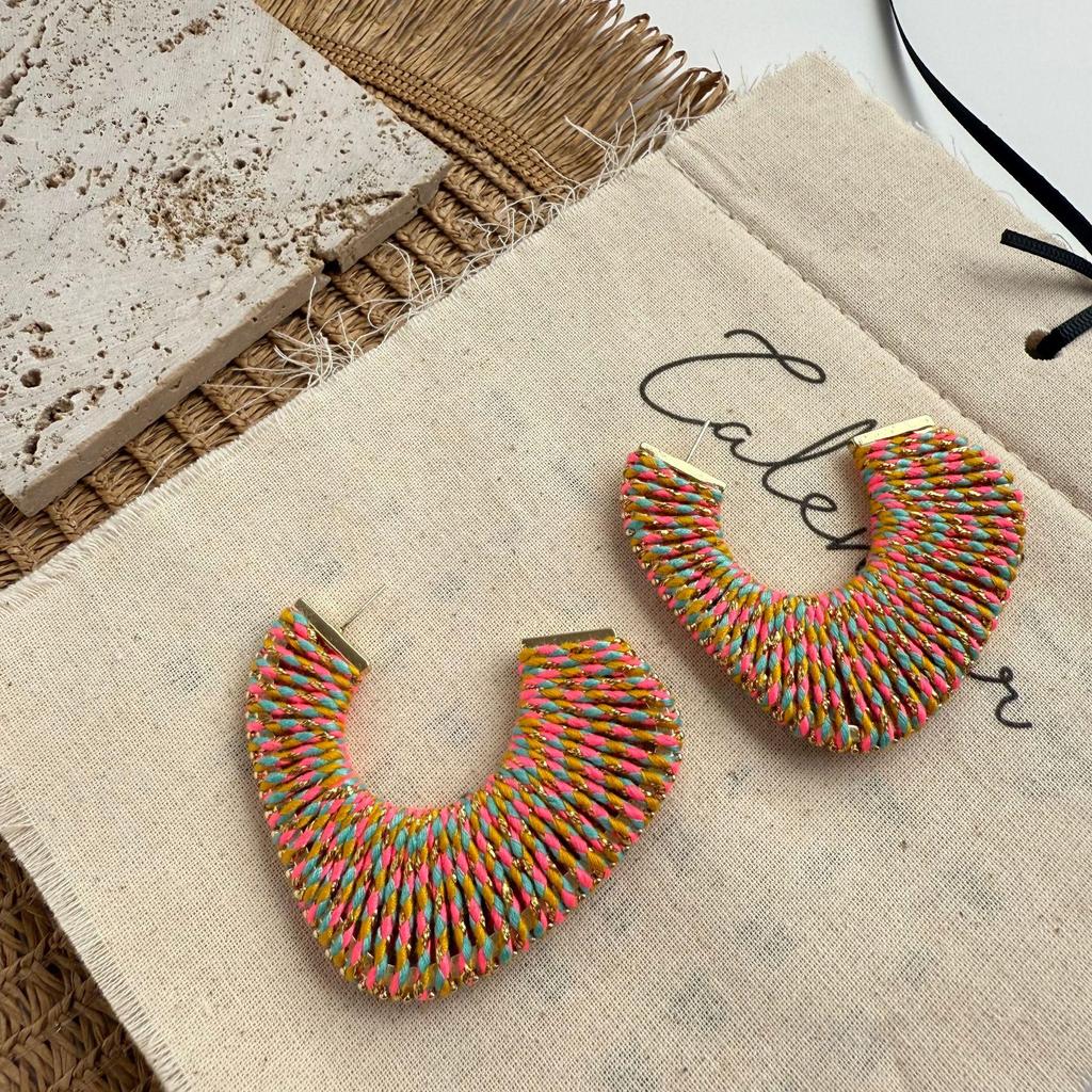 Elegant Hoop Earrings: Handmade European & American Fashion, Versatile Fall/Winter C-Shaped Studs with Cotton Thread Weaving