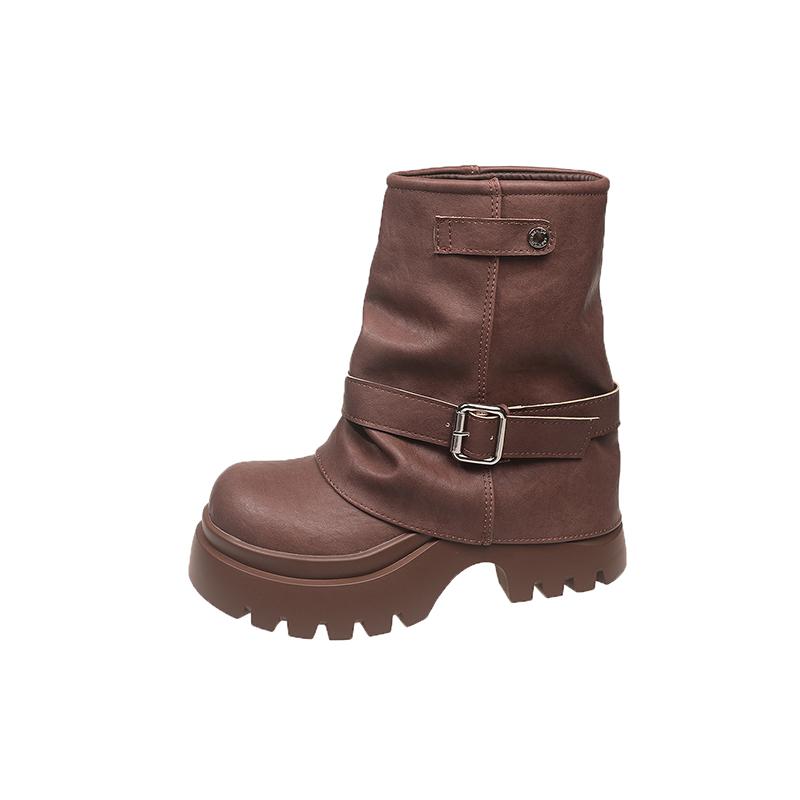 Fashion New Autumn Winter Women Mid-calf Boots 7CM Heels High Platform Leather Sneakers Booties Black Brown Punk Shoes Motorcycle Boots