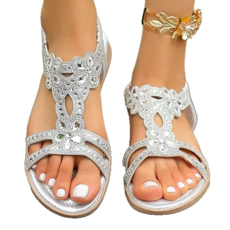 Summer New Flat Bottom Large Size Rhinestone Flower Elastic Fish Mouth Sandals Women