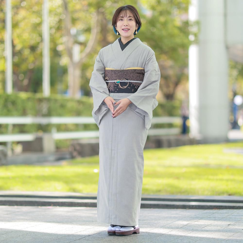 Kyoto Kimono Yuzen Washable Kimono, Hickory, Komon, Made in Japan, Single-Layer Kimono, Women's, Ready-to-Wear, Striped (Gray, L)